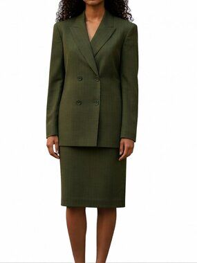 Le Suit Skirt Suit Size 12 Army Green Pinstripe Double Breasted Back Zip Skirt